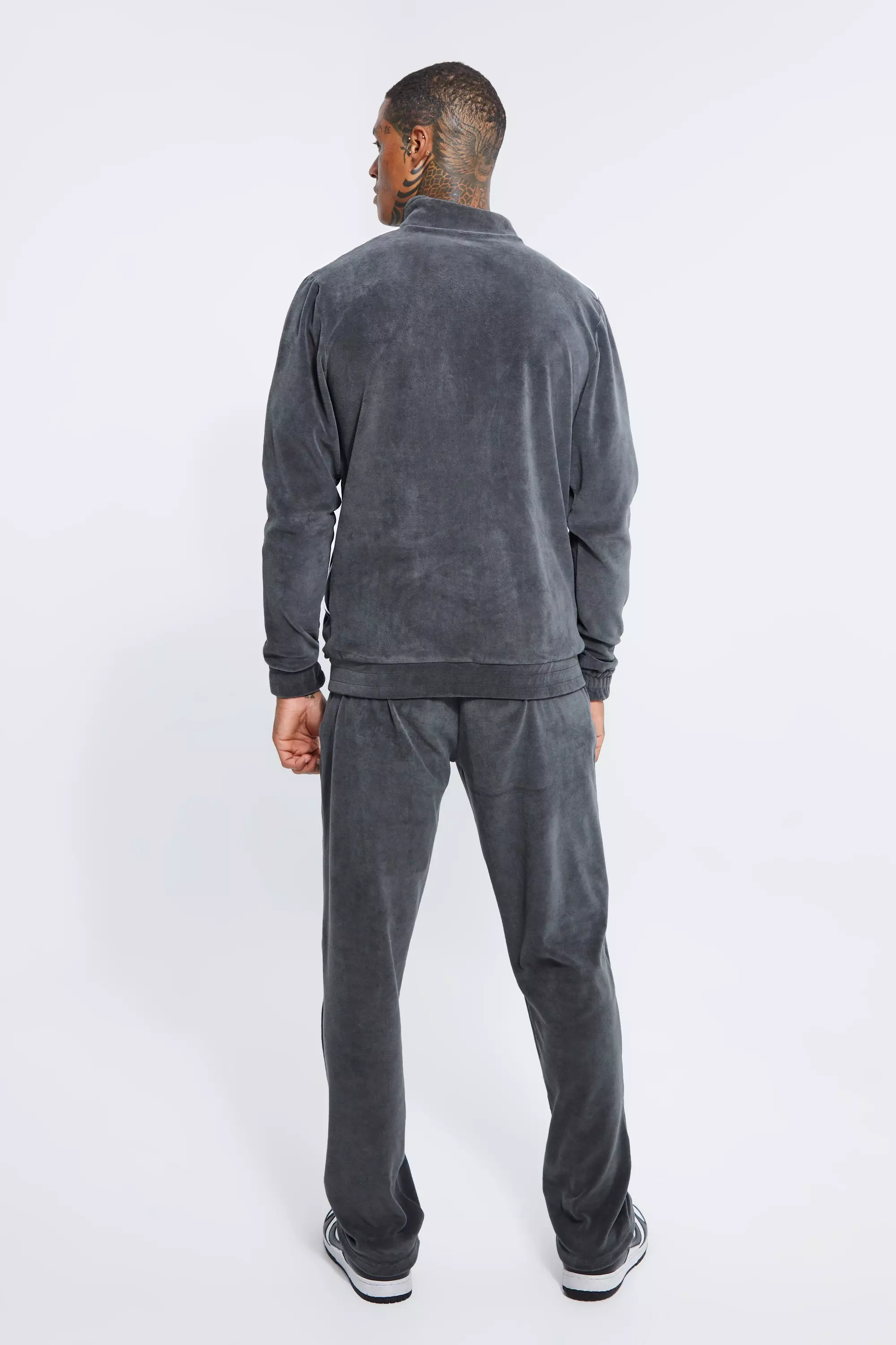 Man Velour Zip Through Funnel Neck Tracksuit boohooMAN USA